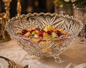 Bol de cristal vintage con pie, estilo Art Déco, diseño de estrella, 23,5 cm, borde festoneado, cristal prensado, ideal para servir o como fuente para ensalada de frutas.