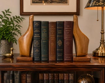 Vintage Wooden Shoe Bookends Pair | Hand Carved Shoe Book Ends | Rustic Library Decor | Cottagecore Bookshelf Accent