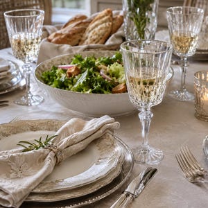May include: An elegant table setting featuring crystal wine glasses with white wine, a salad bowl, bread, and decorative plates. A napkin with a leaf design is held by a silver ring. The scene is set for a formal dining experience.