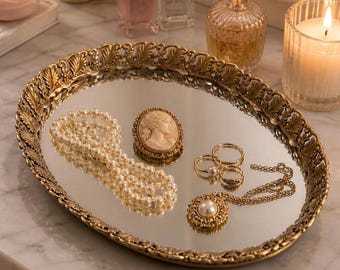 Vintage Brass Filigree Mirror Vanity Tray Oval Gold Floral Dresser Tray Jewelry Perfume Display Cottage Chic Decor