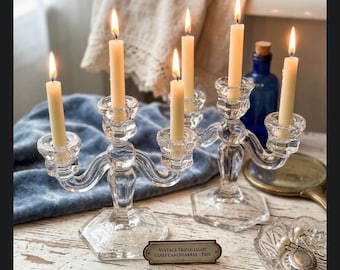 Juego de 2 candelabros de cristal vintage / Portavelas de cristal transparente de 3 brazos / Decoración elegante para mesa / Centro de mesa para bodas / Decoración shabby chic