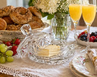 Vintage Crystal Butter Dish w Lid – Starburst Cut Pattern – Elegant Brunch Table Decor – Cottage Farmhouse Kitchen – Mid Century Glassware