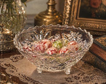 Bol de cristal vintage Anchor Hocking con estrella de David, década de 1960, bombonera con pedestal, bol de servir de cristal prensado con pie.