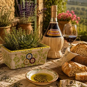 Puede incluir: Una mesa rústica al aire libre con una botella de vino Chianti, una copa de vino tinto y una hogaza de pan. Un pequeño plato de cerámica contiene aceite de oliva. También hay una jardinera rectangular con una suculenta y diseño floral.