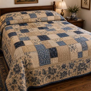 Vintage Handmade Patchwork Quilt Blue Cream Full Double Bed Hand Quilted Heavyweight Cottage Farmhouse 56x86