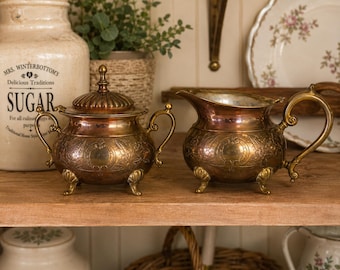 Vintage Kupfer Messing Zuckerdose & Milchkännchen Set graviertes Blumenmotiv Footed viktorianischen Stil Display Dekor