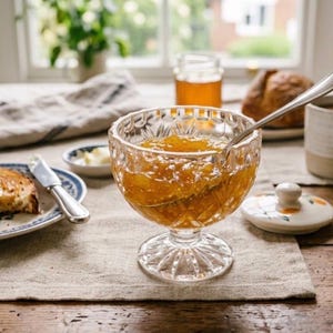 May include: A clear, faceted glass pedestal bowl filled with orange marmalade, featuring a silver spoon resting inside. The bowl sits on a light-colored linen cloth alongside a plate with buttered toast, a small butter dish, and a ceramic mug.