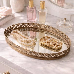 perfume tray for dresser gold Vintage Gold Dresser Vanity Mirrored Tray. Rich Gilded Metal Tea Rose Oval Frame. Chic Bedroom Bath Perfume Display. Wall Hanging