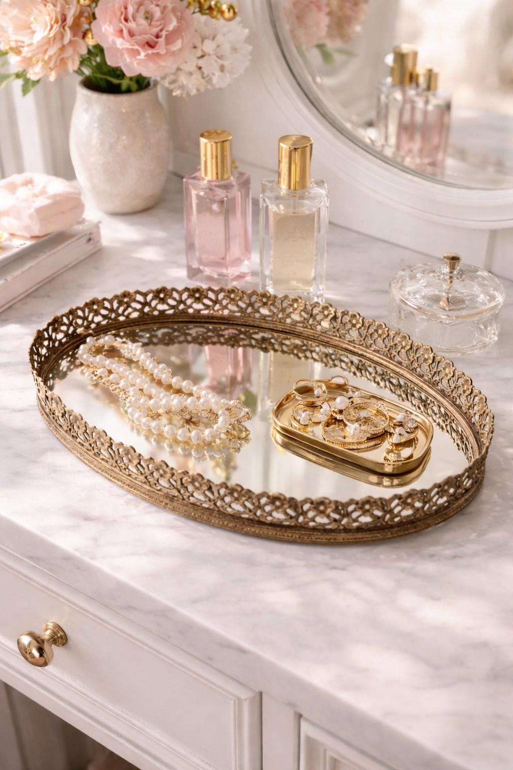 green emerald velvet dress Gold & Cream Lacquer Vanity Dresser and Mirror