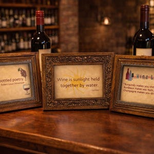 May include: Three framed art pieces with wine-related quotes. The frames are brown with ornate detailing. The quotes are in a vintage style, with illustrations of wine glasses and bottles. The background includes wine bottles.