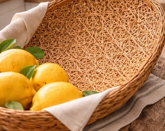 Handwoven Rattan Basket Bowl Boho Farmhouse Decor Wicker Fruit Basket Rustic Kitchen Centerpiece Natural Woven Serving Basket