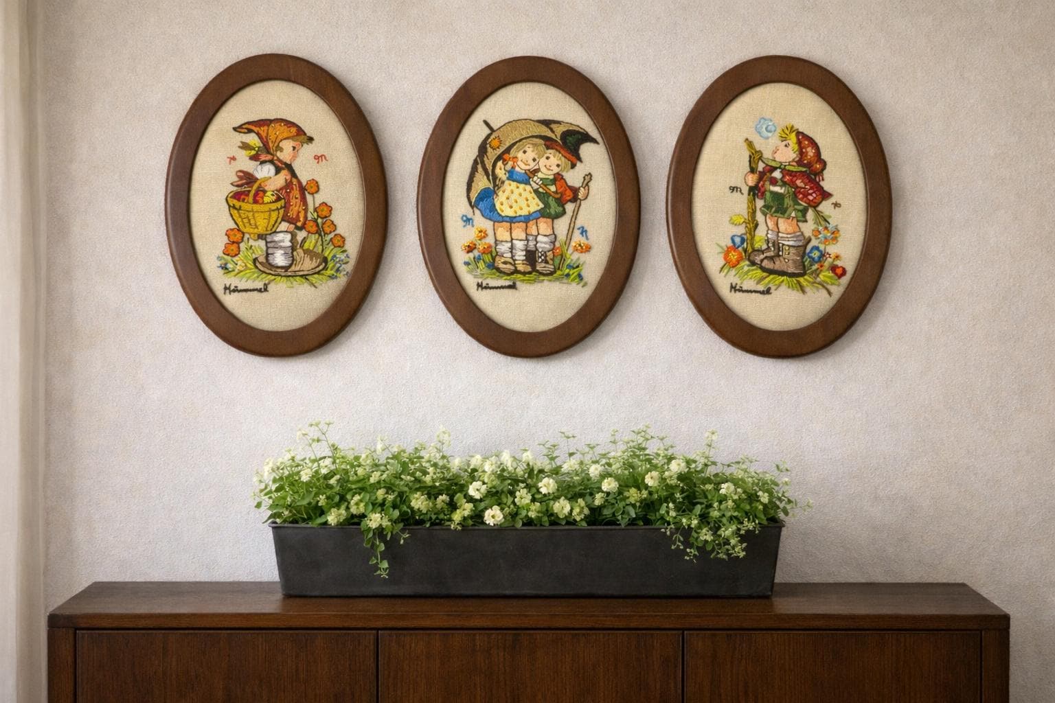 Vintage Hummel Crewel Embroidery Wall Art Set, Framed Oval Needlework, Cottagecore Wall Decor, German Children Embroidery, Vintage Nursery