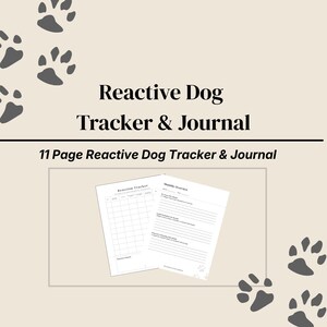 Può includere: Sfondo beige con impronte di zampe e il testo "Reactive Dog Tracker & Journal". L'immagine mostra due pagine aperte con grafici di monitoraggio e una panoramica mensile. È visibile anche il testo "11 Page Reactive Dog Tracker & Journal".