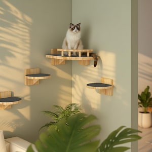 May include: A multi-level cat wall shelf system made of light-colored wood. The system includes a large top platform and three smaller platforms with dark gray pads. A fluffy cat sits on the top platform.
