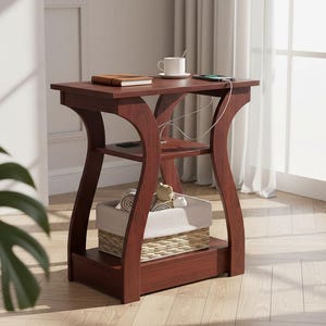 May include: A dark cherry-finished side table with a curved leg design. It features two shelves and a bottom storage area. A book, cup, and phone rest on the top. A basket with rolled towels sits on the lower shelf.