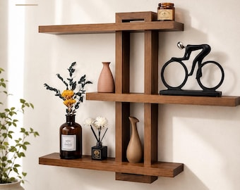 Juego de estantes flotantes de madera ajustables, decoración de pared estilo rústico.