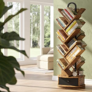 May include: A wooden tree-shaped bookshelf with multiple shelves holding books. The bookshelf has a dark brown finish and a round base with a drawer. A small clock and a potted plant sit on the base. The background includes a window and a green wall.