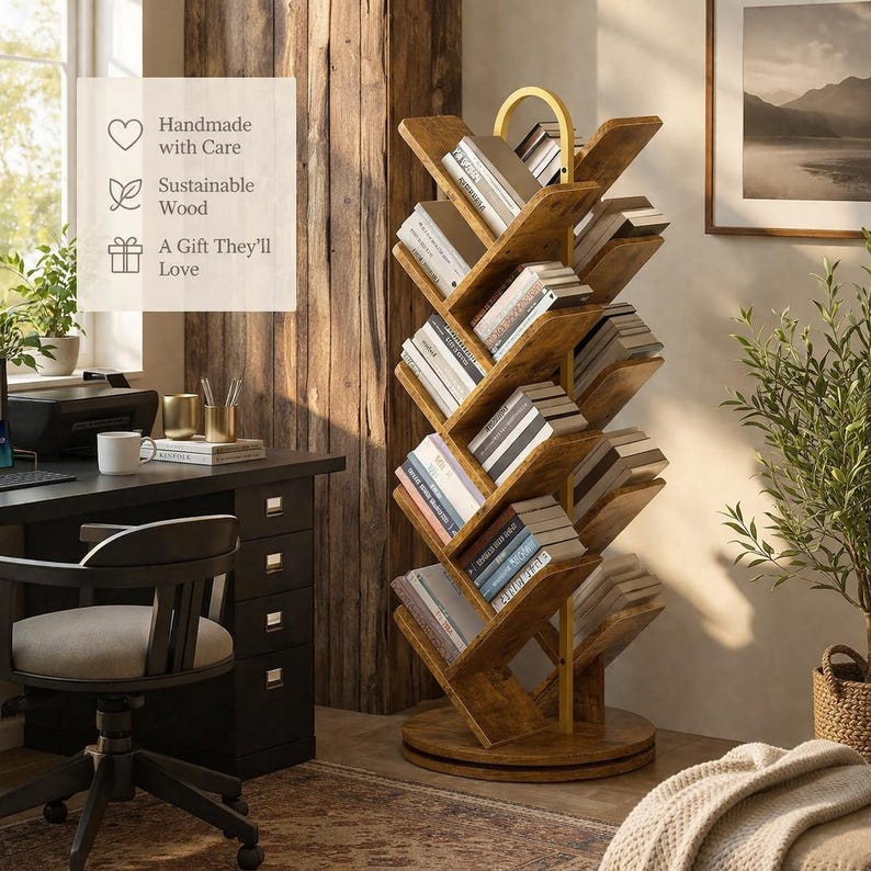 Puede incluir: Una estanter&iacute;a alta de madera con un dise&ntilde;o en zigzag &uacute;nico, llena de libros. La estanter&iacute;a es de madera marr&oacute;n y tiene una base redonda. El texto en la imagen dice "Hecho a mano con cuidado", "Madera sostenible" y "Un regalo que les encantar&aacute;".