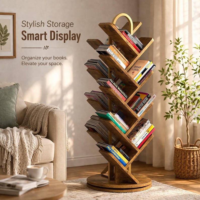Puede incluir: Estanter&iacute;a de madera marr&oacute;n con un dise&ntilde;o &uacute;nico en forma de &aacute;rbol, llena de libros de varios colores. La estanter&iacute;a tiene una base redonda y estantes angulados. El texto "Stylish Storage Smart Display" es visible.