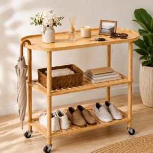 Bamboo Rolling Entryway Table with Storage Shelves