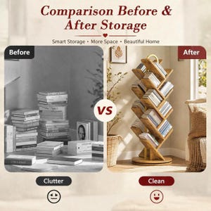 Puede incluir: Imagen comparativa que muestra un espacio desordenado y otro ordenado. El lado izquierdo muestra una pila de libros, el lado derecho una estanter&iacute;a de madera con forma de &aacute;rbol llena de libros. El texto dice "Comparison Before & After Storage".