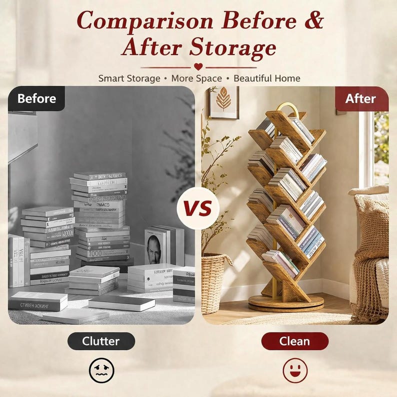 Puede incluir: Imagen comparativa que muestra un espacio desordenado y otro ordenado. El lado izquierdo muestra una pila de libros, el lado derecho una estanter&iacute;a de madera con forma de &aacute;rbol llena de libros. El texto dice "Comparison Before & After Storage".