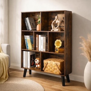 Mid Century Cube Bookshelf 3 Tier Rustic Brown Storage Shelf