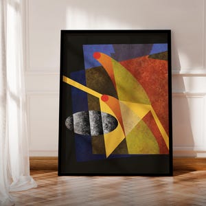 Puede incluir: Una impresión de arte abstracto enmarcada con formas geométricas en azul, naranja, amarillo y rojo, junto a un elemento ovalado gris texturizado. La composición incluye dos pequeños círculos rojos y un fondo negro. El texto Black Blot House es visible.