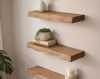 Scandinavian Wall Mounted Floating Shelf, Solid Oak Wood Plants Shelves, Home Accents Handmade Wooden Live Edge Shelves to Living Room