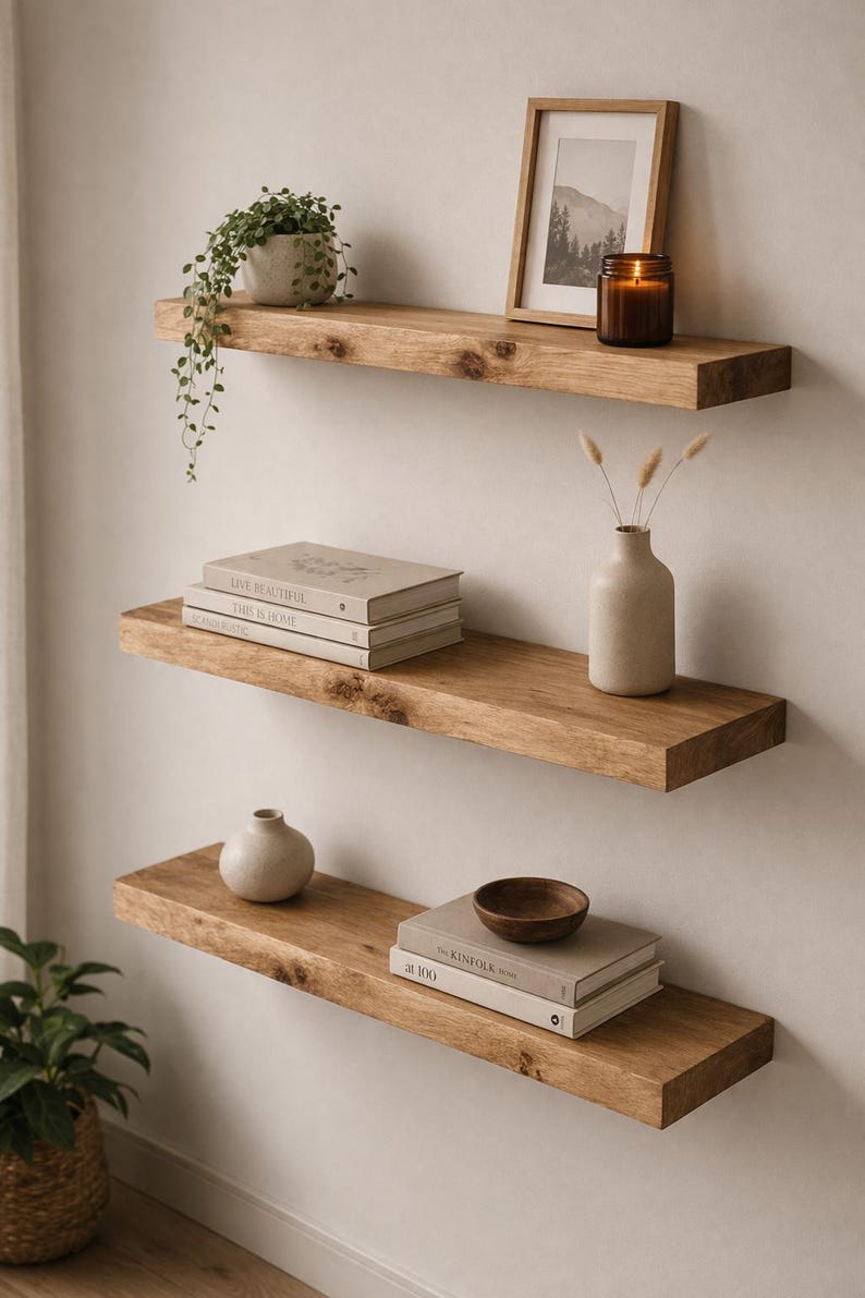Solid Oak Floating Shelf Set, Natural Wood Wall Storage, Handmade ...