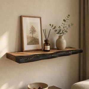 May include: A wooden floating shelf with a live edge and black resin detail. The shelf displays a framed tree print, a brown essential oil diffuser, and a beige vase with greenery. A book and a bowl are on a table below.