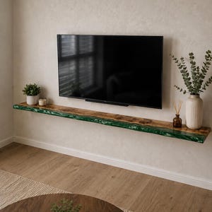 Epoxy Resin Floating TV Stand, Wooden Live Edge Trinket Shelves, River Edge TV Console Shelf