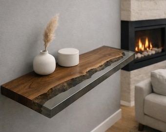 Walnut Live Edge Floating Shelf, Clear Epoxy Resin River Shelving, Handmade Bookshelves Wall Mounted