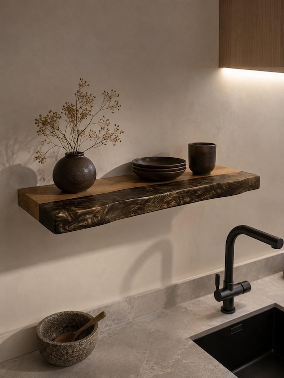 Live-edge wood shelf with a smoky pearl-brown epoxy river fill — the wabi-sabi aesthetic executed beautifully, functional art that doubles as serious kitchen or studio shelving.