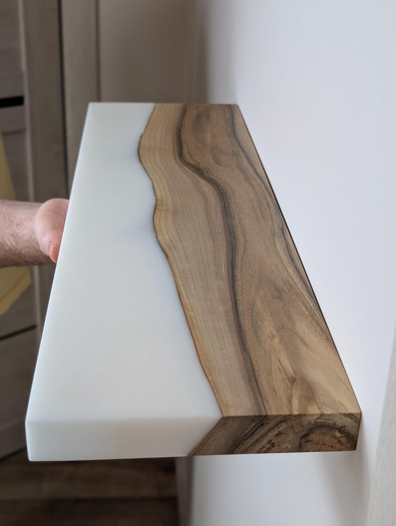 Curated visual reference: Fresh Look at Live Edge Walnut Floating Shelf With Green Epoxy Resin