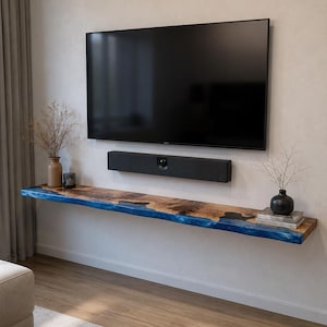 Handcrafted Poplar Floating Shelf with Blue Epoxy Resin River, Live Edge Resin TV Stand, Custom Size Console Shelves