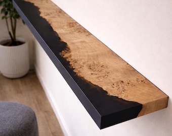 Poplar Wood Live Edge Black Epoxy Resin Wall Mounted Shelf, Unique Clear Resin Bookshelves, Office Furniture, Custom Size Wall Shelving