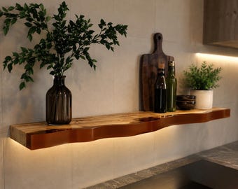 Estantes de madera con resina epoxi marrón de borde natural para sala de estar, estante para pequeños objetos de resina epoxi, estante flotante para plantas, regalo de aniversario de boda de madera