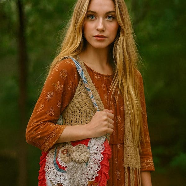 Borsa a tracolla boho con frange floreali – Borsa in tessuto artigianale, stampa paisley vintage