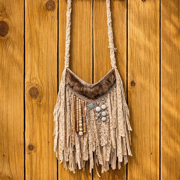 Borsa boho con frange fatta a mano, motivo tribale, borsa boho con frange e pizzo, borsa boho shabby chic, borsa artigianale in tessuto