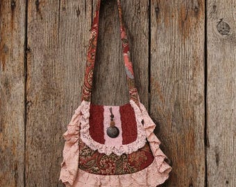 Sac bandoulière bohème en dentelle florale, sac à main en patchwork fait main, cabas en tissu de style vintage