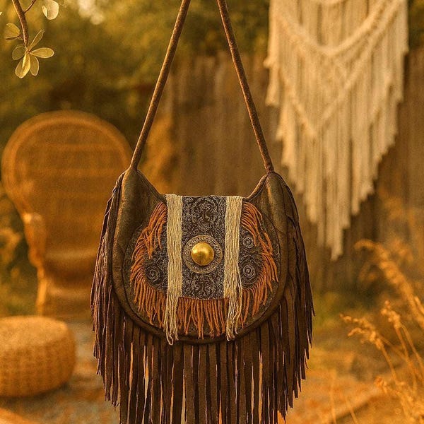 Borsa Boho fatta a mano con arazzo, borsa in broccato con frange, borsa a tracolla artigianale