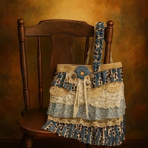Sac fourre-tout bohème recyclé, denim à volants et dentelle, sac à main décoré image 1