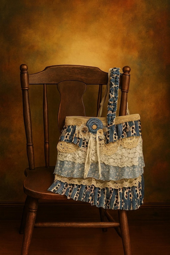 Upcycled Boho Tote Bag, Ruffled Denim & Lace, Embellished Purse