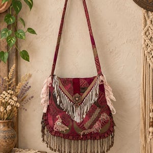 May include: A deep red shoulder bag featuring a paisley pattern, a long strap, and a flap closure adorned with white fringe, lace trim, and a central decorative medallion. The bottom edge of the bag is finished with long, dark brown hanging fringe.