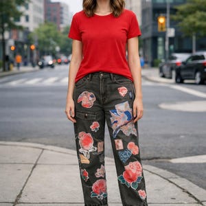 May include: A bright red short-sleeved crew neck t-shirt paired with dark charcoal gray denim jeans featuring various colorful floral and abstract patches, finished with white low-top sneakers with white laces and rubber soles.
