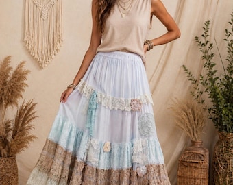 Boho Maxi Skirt – Light Blue & Golden Tan Lace – Handmade Tiered Crochet Patchwork – Shabby Chic Vintage Style