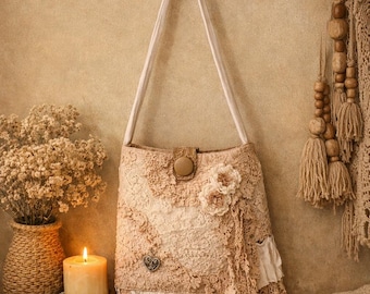 Sac à bandoulière en dentelle bohème - Sac à main crème à franges au crochet, sac à main de style vintage