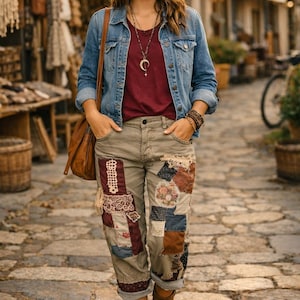 May include: A brown felt hat, a blue denim jacket, a maroon t-shirt, and olive green pants featuring various fabric patches including lace, floral prints, and plaid. The outfit includes a crescent moon pendant necklace, a brown leather bag, and brown boots.