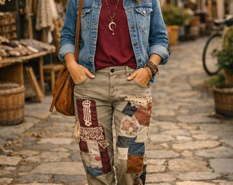 Upcycled Patchwork Cargo Pants • Boho Khaki Trousers • Mixed‑Fabric Floral & Gingham Details